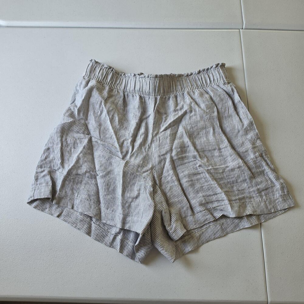 Quince Shorts Womens Large Blue Stripe 100% Linen Chino Elastic Waist Summer
